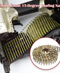 Coil nail gun loaded with 3600 Count Coil Roofing Nails Seven Eighths Inch Long With 0.120 Inch Diameter 15 Degree Round Head.