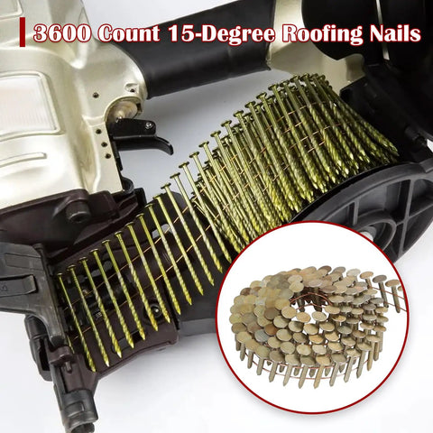 Coil nail gun loaded with 3600 Count Coil Roofing Nails Seven Eighths Inch Long With 0.120 Inch Diameter 15 Degree Round Head.