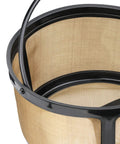 Close-up of Gold Mesh Reusable Coffee Filter For 8 To 12 Cups No More Paper Filters This Eco Friendly Basket Style Filter Is Compatible With Keurig K Duo Essentials And K Duo Brewers BPA Free 1 Pack showing stainless steel mesh and frame design.
