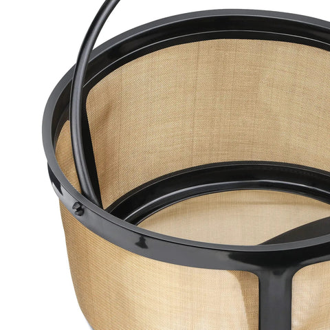 Close-up of Gold Mesh Reusable Coffee Filter For 8 To 12 Cups No More Paper Filters This Eco Friendly Basket Style Filter Is Compatible With Keurig K Duo Essentials And K Duo Brewers BPA Free 1 Pack showing stainless steel mesh and frame design.