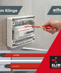 VDE Insulated Slotted And Phillips Slim Fix Screwdriver Set used on electrical panel, showing slim blade accessibility.