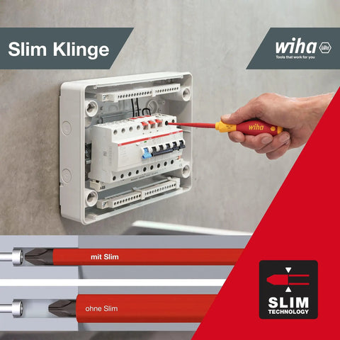 VDE Insulated Slotted And Phillips Slim Fix Screwdriver Set used on electrical panel, showing slim blade accessibility.