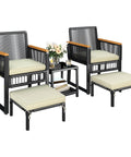 Chill Outdoor 5 Piece Wicker Rattan Conversation Set with armchairs, ottomans, dual layer side table, and acacia wood armrests