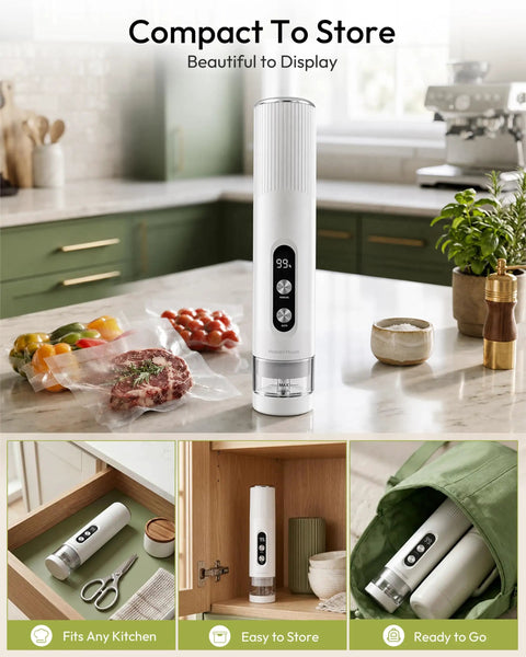 Handheld Vacuum Sealer Keeps Food Hella Fresh With Auto And Manual Modes For Wet And Dry Use on kitchen countertop.