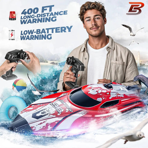 Man holding remote with red 12 Inch Remote Control Boat For Pools And Lakes Dope 25 KPH Speed RC Boat displayed in front.