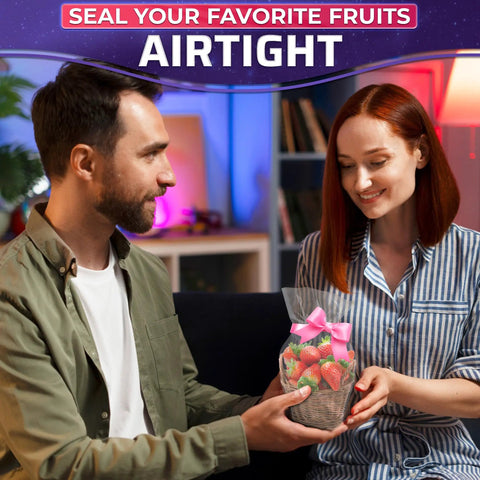 Man giving woman a basket sealed with clear PVC film featuring strawberries, emphasizing airtight packaging.