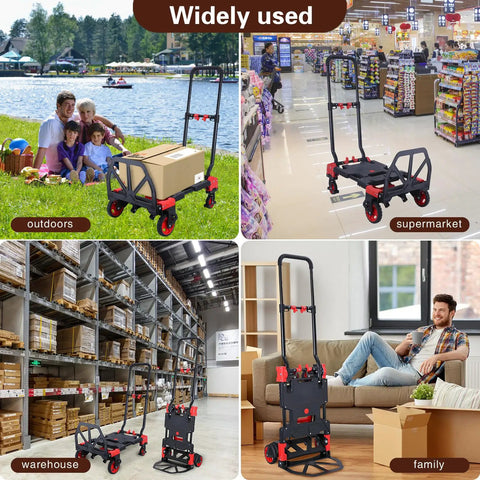 Heavy Duty 2-In-1 Folding Hand Truck And Utility Dolly Cart With 5-Inch Dual Rubber Wheels Built Tough for outdoor family use and supermarket.