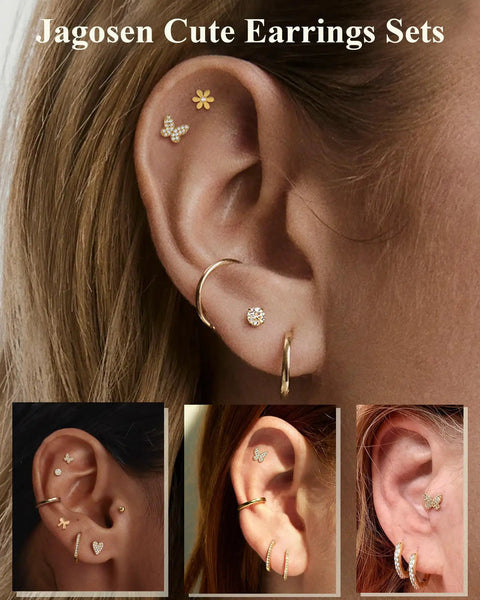 Sleep Friendly All Day Comfort Flat Back Earrings Set For Women With Hypoallergenic 14K Gold Plated Finish 20G Lightweight Studs In Cute Butterfly Bow And Flower Styles For Lobe Tragus Helix Cartilage Piercing Jewelry on ear
