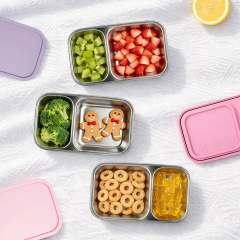 Three Pack Stainless Steel Snack Containers With Silicone Lids, Dual Compartment Design, Stackable Lunch Boxes For Home Office Travel And Camping, Keeps Flavors Separate In Muted Lilac, Blush Pink, Dusty Rose