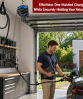 Premium EV Charger Cable Organizer Featuring Slick Retractable Cord Reel For A Clean Garage Vibe Ceiling Or Wall Mount Fits Tesla And Universal Level 2 EV Charging Cords Heavy Duty Rock Solid Game Changer Setup with man charging EV.