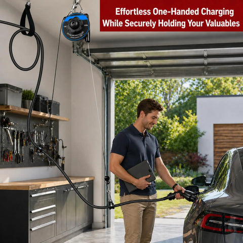 Premium EV Charger Cable Organizer Featuring Slick Retractable Cord Reel For A Clean Garage Vibe Ceiling Or Wall Mount Fits Tesla And Universal Level 2 EV Charging Cords Heavy Duty Rock Solid Game Changer Setup with man charging EV.