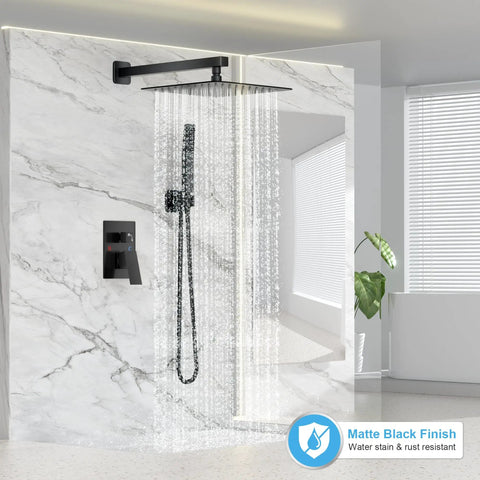 Top Shelf Matte Black Rain Shower Set With Heavy Duty Solid Brass Mixing Valve And 10 Inch Round Head For A Snappy Daily Setup In Your Modern Bathroom Space
