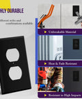 Duplex Receptacle Wall Plate 1 Gang 4.5 X 2.76 Inches Black Built Tough From Unbreakable Polycarbonate Thermoplastic Heat And Fade Resistant UL94 V2 Rated Model 8821 BK, showcasing durability features.