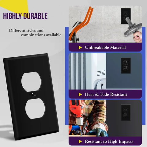 Duplex Receptacle Wall Plate 1 Gang 4.5 X 2.76 Inches Black Built Tough From Unbreakable Polycarbonate Thermoplastic Heat And Fade Resistant UL94 V2 Rated Model 8821 BK, showcasing durability features.