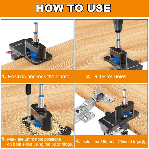 Concealed Hinge Jig With Quick Clamp, Includes 35mm And 26mm Drill Bits, shown in use for cabinet door installation.