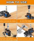 Steps for using all metal jig with carbide tipped 26mm and 35mm bits for precise hinge cup drilling and mounting
