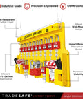 Lockout Tagout Station With LOTO Devices For OSHA Compliance And Industrial Safety, 14 Pack Safety Lock Set on polycarbonate board