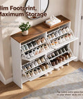 Sleek Barn Door Shoe Cabinet With Four Flip Drawers And Three Adjustable Shelves Ultra Slim Freestanding Modern Rustic White Finish, holding 36 shoe pairs.