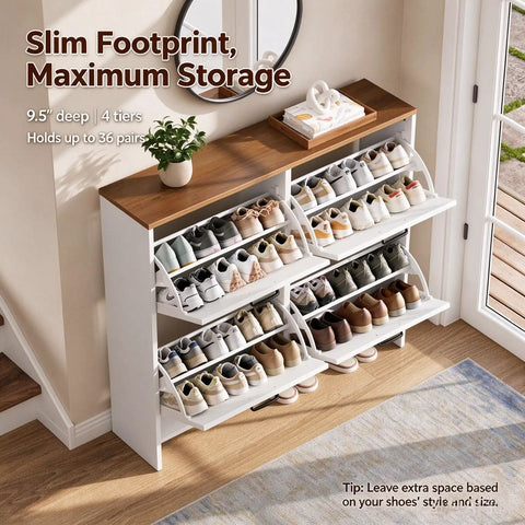 Sleek Barn Door Shoe Cabinet With Four Flip Drawers And Three Adjustable Shelves Ultra Slim Freestanding Modern Rustic White Finish, holding 36 shoe pairs.