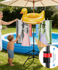 Outdoor Pool Towel Rack with Adjustable Height from 41.3 to 61.8 Inches used by family by a pool with swim gear drying