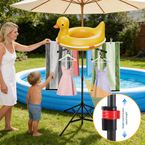 Outdoor Pool Towel Rack with Adjustable Height from 41.3 to 61.8 Inches used by family by a pool with swim gear drying