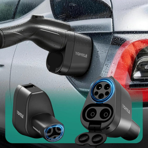 Badass CCS1 And J1772 To Tesla Charging Adapter For Model 3 Y S X Cybertruck on a car with rain droplets.