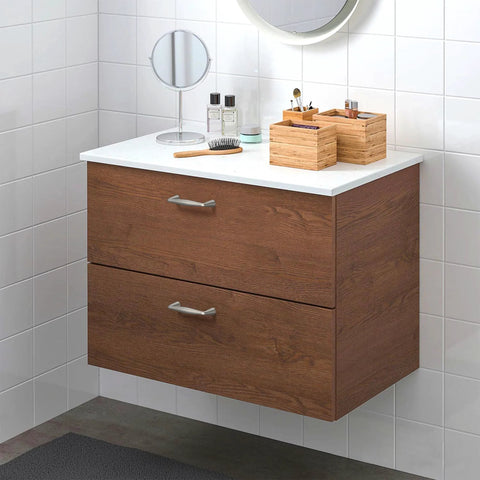 Wooden bathroom cabinet with 10 Pack Brushed Satin Nickel Cabinet Pulls With 3 Inch Hole Centers Solid Handles For Cabinets Drawers And Closets installed