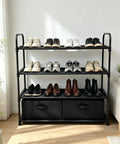 Four Shelf Closet Storage Rack Featuring Two Removable Fabric Storage Boxes Zero Sweat Metal Frame Assembly displaying shoes and bins in classic black.