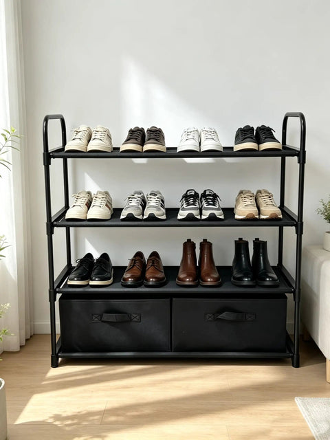 Four Shelf Closet Storage Rack Featuring Two Removable Fabric Storage Boxes Zero Sweat Metal Frame Assembly displaying shoes and bins in classic black.