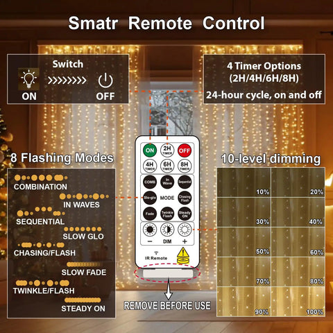 Warm White Curtain Lights For Bedroom 300 LEDs 9.8Ft By 9.8Ft Window Fairy Curtain String Light remote control features