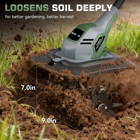 Powerful Cordless Garden Tiller Cultivator With 20V Battery No Gas 360RPM Electric Rototiller digging soil 7 in deep, 9 in wide