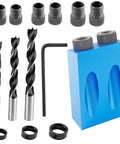 Pocket Hole Jig Kit For 15 Degree Woodworking, 14 Pcs Set with blue block, drill bits, adapters, and hex key visible.