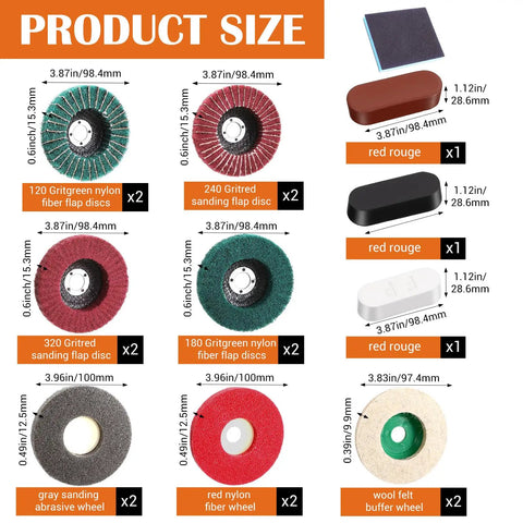 18 Piece 4 Inch Buffering Wheels Polishing Kit For Angle Grinder With Sanding Discs Wool Felt And Nylon Polishing Wheels And Polishing Paste product size chart