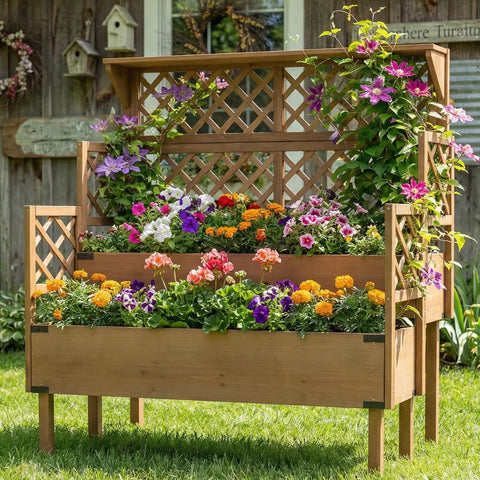 Two Tier Raised Garden Bed With Trellis And Lattice Back For Climbing Plants Wooden Outdoor Planter For Vegetables Herbs And Flowers Modern Minimal Design For Patio Balcony Or Backyard