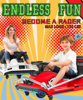 Kids riding red and white electric drift go karts with 24V Electric Drift Go Kart For Kids Ages 6 To 12, 300W Brushless Motor Delivers Quick Acceleration Up To 12 MPH, 360 Degree Drifting, High And Low Speed Switch, Blue, Safe 130 Lb Capacity And 40 To 60 Minute Ride Time.