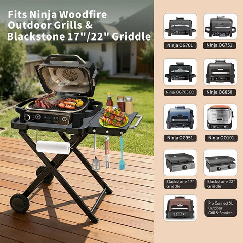 Heavy Duty Foldable Outdoor Grill Stand with Wide Ninja Woodfire and Blackstone Compatibility, sturdy table setup