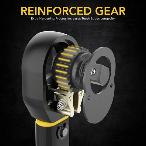 Gear mechanism of the Three Eighth Inch Drive Click Torque Wrench with hardened chrome vanadium gear detail.