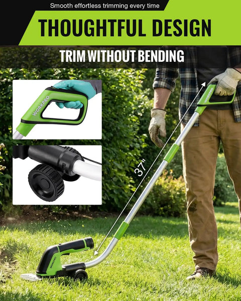 12V Cordless Grass Shear And Hedge Trimmer 2 In 1 Electric Tool With 37 Inch Wheeled Extension Pole, trimming lawn edges