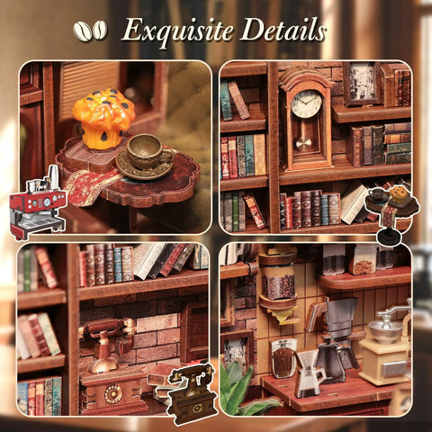 DIY Book Nook Kit For Adults And Teens 3D Wooden Miniature Dollhouse Puzzle With LED Light Tiny House Model close-up details