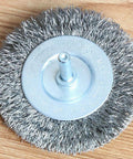 Four Piece Three Inch Stainless Steel Wire Wheel Brush Kit for drills showing one wire brush with quarter inch shank
