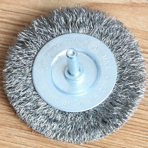 Four Piece Three Inch Stainless Steel Wire Wheel Brush Kit for drills showing one wire brush with quarter inch shank