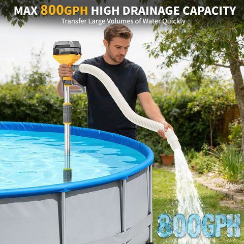 Man using 20V Battery Powered Water Transfer Pump Cordless Go Anywhere Stick Pump With 37 Inch Hose And Detachable Rod in pool