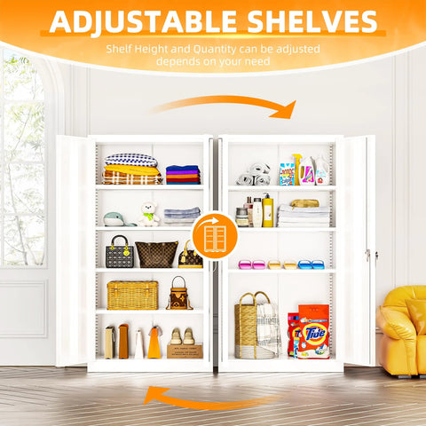 Tough As Nails Heavy Duty Steel Closet 72 Inch Tall Lockable Storage Cabinet With Four Adjustable Shelves For Garage Workshop Or Home Office Top Shelf White Metal Cupboard showing adjustable shelves with various items.