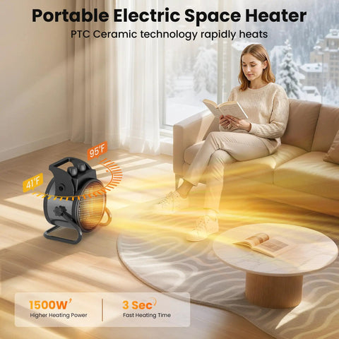 Portable 1500W PTC Ceramic Space Heater With Thermostat And 90 Degree Adjustable Angle For Quick Safe Heat In Any Room Or Outdoor Use Compact Indoor Outdoor Heater For Bedroom And Office in living room.
