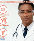 Built Dang Tough 6 Pack Safety Glasses For Work And Lab With Crystal Clear Lenses, Heavy Duty Impact Shield Against Flying Debris And Dust, Super Comfortable And Rock Solid For Chem Or Shop Use worn by doctor with stethoscope.