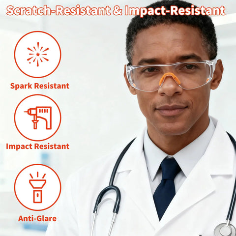 Built Dang Tough 6 Pack Safety Glasses For Work And Lab With Crystal Clear Lenses, Heavy Duty Impact Shield Against Flying Debris And Dust, Super Comfortable And Rock Solid For Chem Or Shop Use worn by doctor with stethoscope.