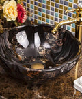 USZWBY Bathroom Sink, Countertop Basin Ceramic Art Basin Sinks with gold floral design on black, perfect for luxury bathrooms.
