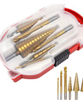Six Piece High Speed Reaming Pagoda Sawtooth Drill Bit Set With Titanium Plating in box for metal and wood, pro grade DIY ready.