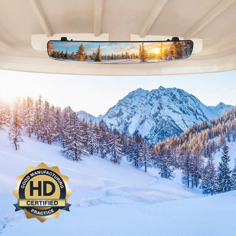 No Drilling Golf Cart Mirror Kit With 180 Degree Rotation Foldable HD Shatterproof Glass installed on cart in snowy mountains