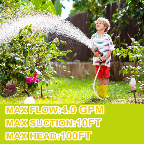 Child watering garden plants with a hose, demonstrating 110V AC Self Priming Diaphragm Water Pump 4.0 GPM 50 PSI features.